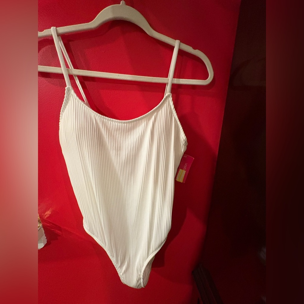 White 1 piece bathing suit, size large, brand new with tags